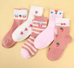 【新品】通気性◎ いちご＆ねこ 子供靴下 5足セット 17-22cm 春夏用