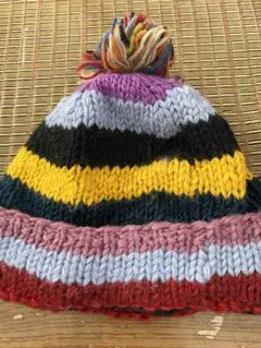 ニット帽ボーダー柄カラフルボンボン裏起毛ボア