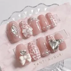 オーダー◇ネイルチップ もこもこツイード ビジュー ハート量産型フレンチガーリー