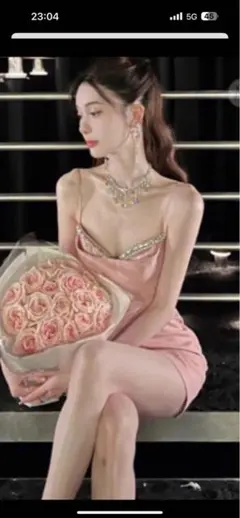 ピンク スリップドレス ビジュー付き