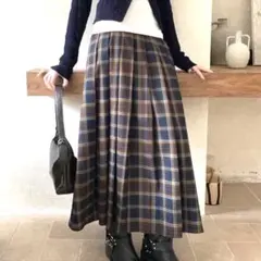 新品 タグ付 M チェック プリーツ ロング スカート 人気 秋冬 ブラウン