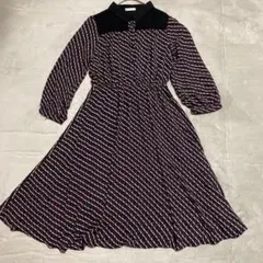 【コルザ】 幾何学模様　長袖ワンピース Mサイズ　レース　襟付き　裏地付き