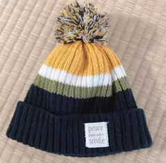 ベビーニット帽子 ポンポン付き ストライプ　48〜50cm