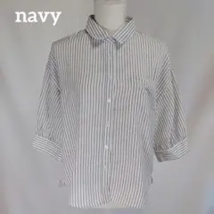 navy ストライプ シャツ ブラウス 半袖 ドロップショルダーのサムネイル