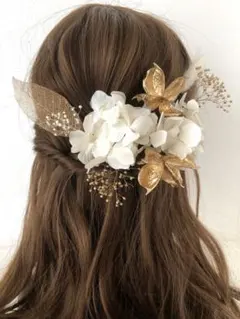WG ゴールド　髪飾り　ドライフラワー　前撮り　卒業式　結婚式　白　ヘッドドレス