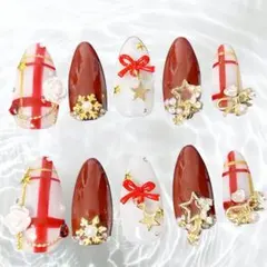 冬　量産型　【オーダーネイルチップ】　赤ツイード　リボンゆらゆら星　雪の結晶