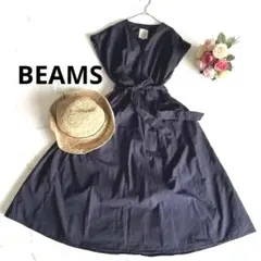 Ray BEAMS 半袖　ワンピース ウエストリボン　大人可愛い　綿　紺　ロングのサムネイル