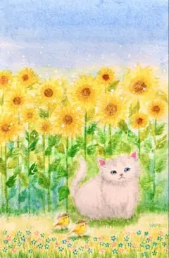 momorin様専用原画 水彩画 花畑の猫と小鳥さん 値段は※900円です | Mercari