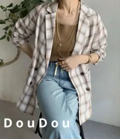 定価約2.1万【DOUDOU】リネン混チェックダブルジャケット リネンジャケットのサムネイル