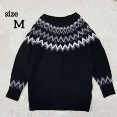 ノルディック柄　2way　長袖ニットワンピース　M　ブラック　しまむら×FLC