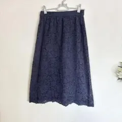 SALE❣️UNIQLOユニクロ 総レースフレアスカート ミモレ丈 ネイビー　美品