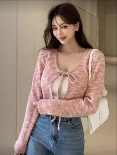 SHEIN ピンククロップドニットカーディガン