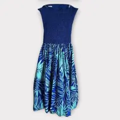 ALOHA STANDARDS フラドレス M ブルー リーフ柄 ベアワンピース