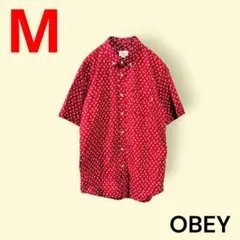 美品　OBEY　オベイ　総柄シャツ　赤　ストリート系　半袖　M　匿名配送