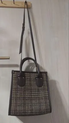 チェック柄ウールレザーショルダーバッグ