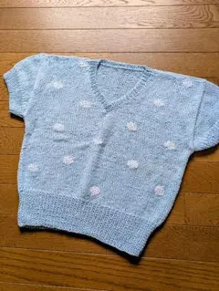 ハンドメイドライトブルー ドット柄 Vネック 半袖ニット
