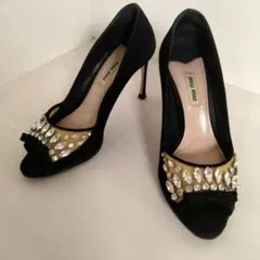 MIUMIU パンプス スエード ビジュー クリスタル 37 ブラックのサムネイル