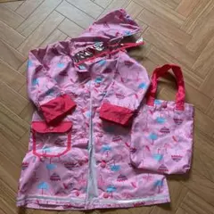 RAG MART　ベビーレインコート90 ピンク 傘とフラミンゴ柄 手提げ付き