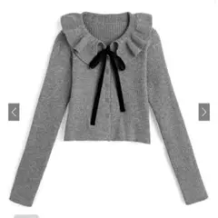 GRL リボン付きフリルネックニットセーター Fサイズ グレー・ホワイト