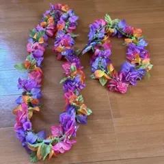 【即日発送】フラダンス　レイとハク　紫ピンクオレンジの花　※おまけ付き