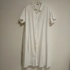 麻混 ホワイト シャツワンピース 半袖