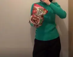 リブ編み グリーンニット 長袖 サイドボタン