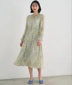 アナイ フラワードローイングプリントVネックワンピース 花柄 ベージュ