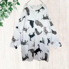 パークガール【M】オーバーサイズ/総柄/長袖/Tシャツ/ネコ/猫/動物/ホワイト