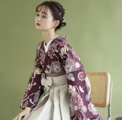 utatane 袴セット　2点　二尺袖着物　ボルドー　菊