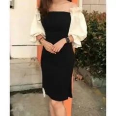 オフショルダー風 フリルスリーブ タイトドレス スリット入り パーティー