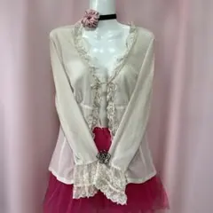 レース付きシフォンカーディガン 長袖 クリーム色 フェアリーグランデ 姫ギャル