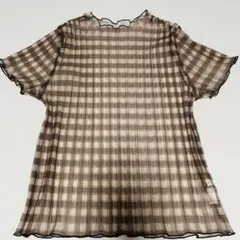 ギンガムチェック　半袖　シアートップス　ブラウン　ベージュ　M シースルー