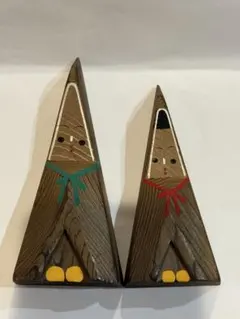 【お杉わらべ】 木製民芸人形 ペア置物 三角 通産大臣賞シール付き アンティーク