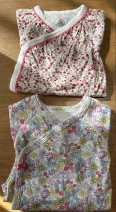 プチバトー 2枚セット花柄長袖合わせボディ 肌着60㎝