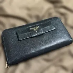 ◇美品◇プラダ サフィアーノレザー長財布 ロゴ金具 リボンデザイン