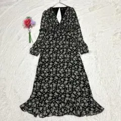 美品 ザラ シフォンワンピース 花柄 ティアード フリル パワーショルダー 黒