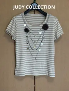 JUDY COLLECTION ベージュストライプ 半袖Tシャツ 装飾付きのサムネイル
