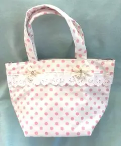 ハンドメイド　ピンクの水玉模様の保冷トートバッグ