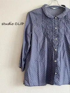 studio CLIP スタディオクリップ ブルー×白ドット柄7分袖 綿シャツ