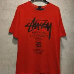 STUSSY ステューシー ワールドツアー ロゴTシャツ レッド L 古着