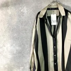 ZARA　カジュアルシャツ　長袖　ベージュ　ブラック　ストライプ　ポリエステル