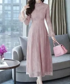 花柄レース長袖ピンクドレス