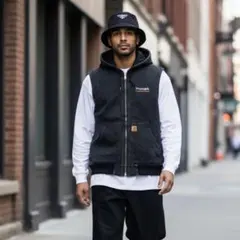 【p9】00s Carhartt ダックフーデッドベスト ブラック メキシコ製