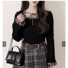 チェック柄リボンリブニットトップス