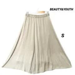BEAUTY&YOUTH 光沢 ロングフレアスカート ベージュ S ウエストゴムのサムネイル