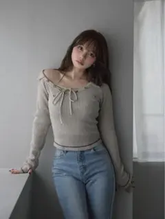 Bell frill knit tops brown AM1768 - メルカリ