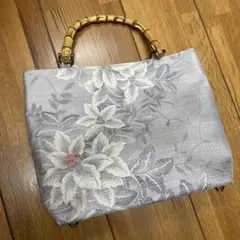 【着物リメイク】大島紬　白大島　草花文　お出掛けバック　バンブー持ち手