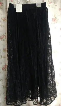 ブラック レース プリーツスカート　花柄　L