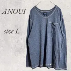 ANOUI長袖カットソー/L/ブルー系/胸ポケット/Vネック/カジュアル2494