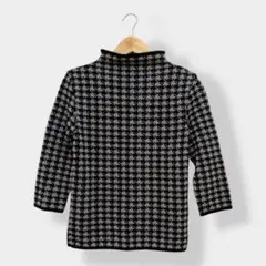 TRANS WORK ウールブレンド 千鳥格子柄 七分袖 ニット ブラック F